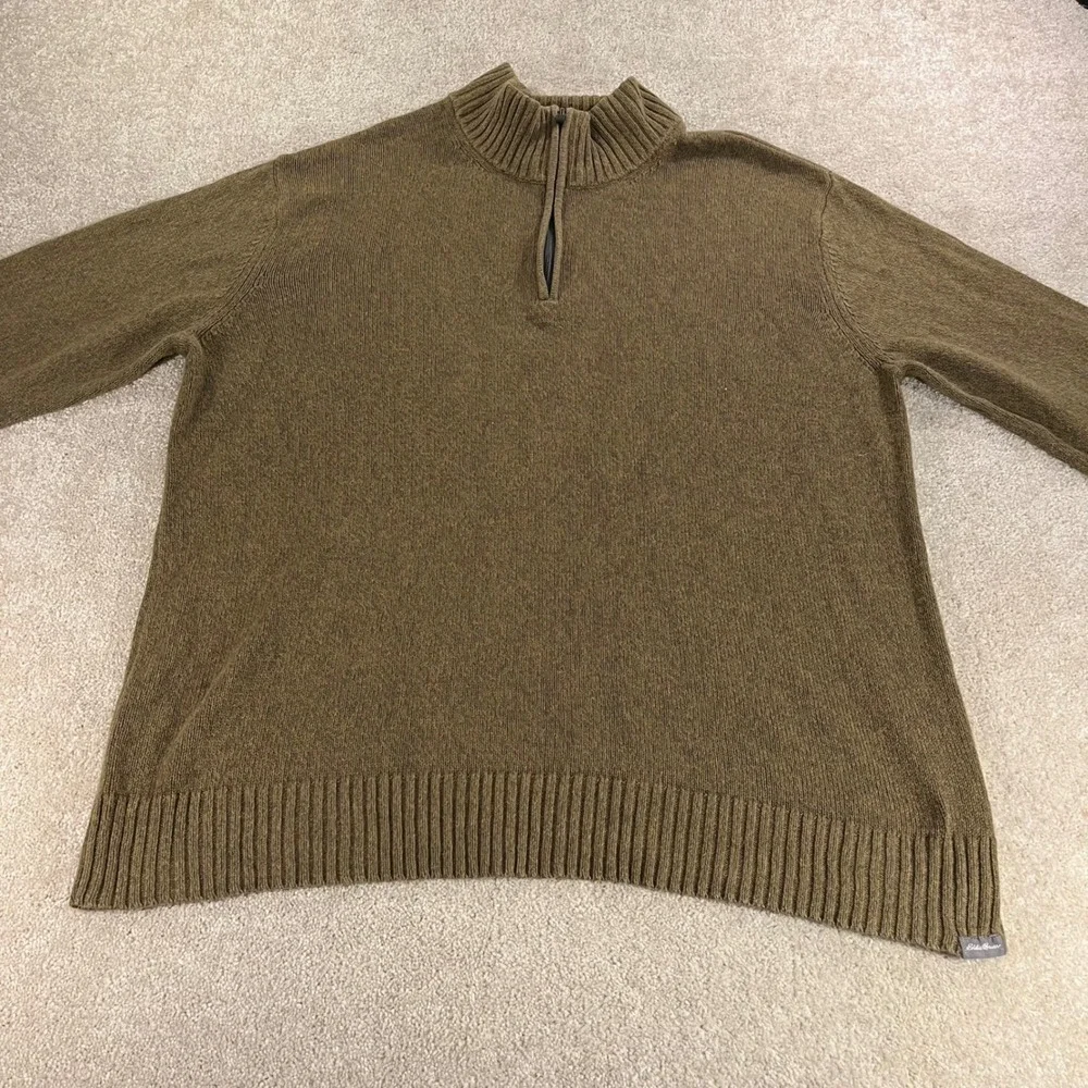 Eddie Bauer Quarter Zip Sweater Mens XL Olive Green 100% Cotton Knit
